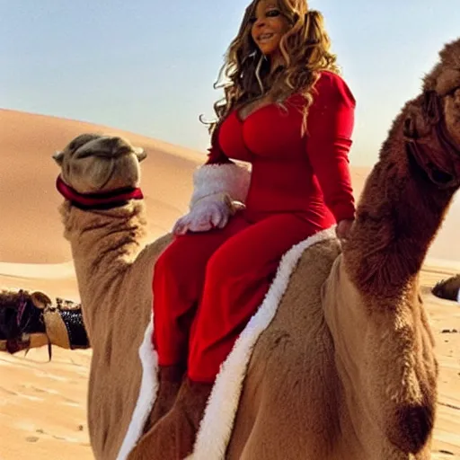 Prompt: mariah carey in a santa outfit while riding a camel in the desert