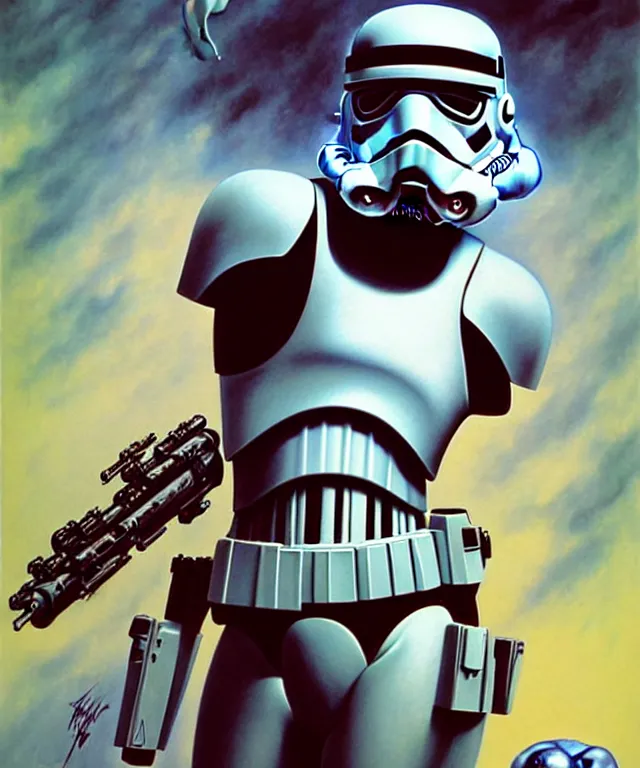 Image similar to storm trooper in the style of boris vallejo, hajime sorayama, peter mohrbacher, wayne barlowe, gustav moreau, bussiere, roberto ferri, santiago caruso, luis ricardo falero, austin osman spare, dali