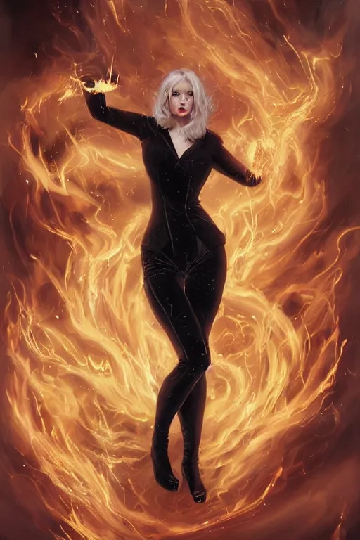 Image similar to blonde woman 2 0 yo in a black velvet cat costume wearing exploding fire electricity and blood, sorcerer, diamonds, angel, fantasy, dramatic lighting, highly detailed, digital painting, holding electricity, magic the gathering, hyper detailed, 3 d render, hyper realistic detailed portrait, peter mohrbacher, wlop, ruan jia