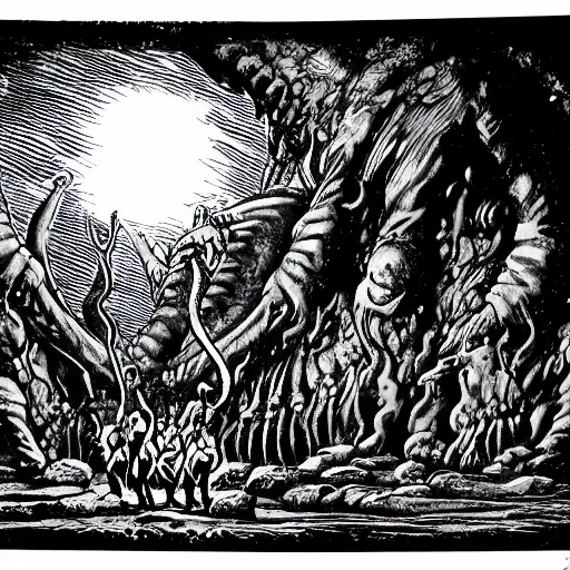 Prompt: Silhouettes of fishmen holding worshipping a statue of Cthulu in a dark cave. D&D. Pen and ink. Black and white. Mike Mignola.