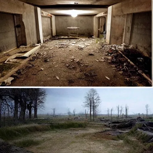 Prompt: a side by side before and after picture of a post apocalyptic bunker