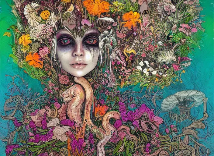 Prompt: a surreal painting of a beautiful divine creature with a lot of wild flowers and plants on its head, surrounded by toxic mushrooms, poster art by android jones and h. r. giger, behance contest winner, generative line art, made of flowers, grotesque, concert poster