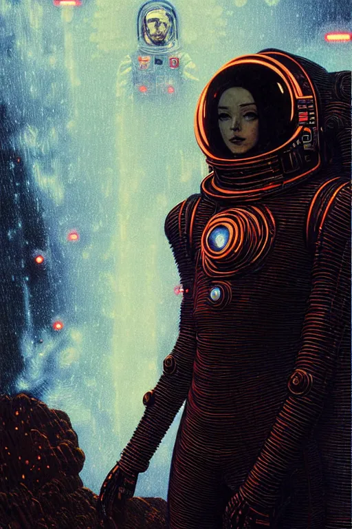 Prompt: portrait of gothic and futuristic astronaut, cyberpunk armor, part of the body is glitching, thunderstorm, red lights, fire reflection, some redsymbols, the middle ages, highly detailed, artstation, in the style of moebius, jugendstil and classic japanese print, art by greg rutkowski and gustav klimt