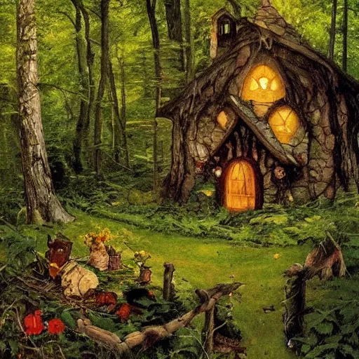 Image similar to witch cottage in the forest, lush forest art by norman rockwell, wide angle