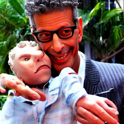 Prompt: jeff goldblum holding a miniature man in the palms of his hands