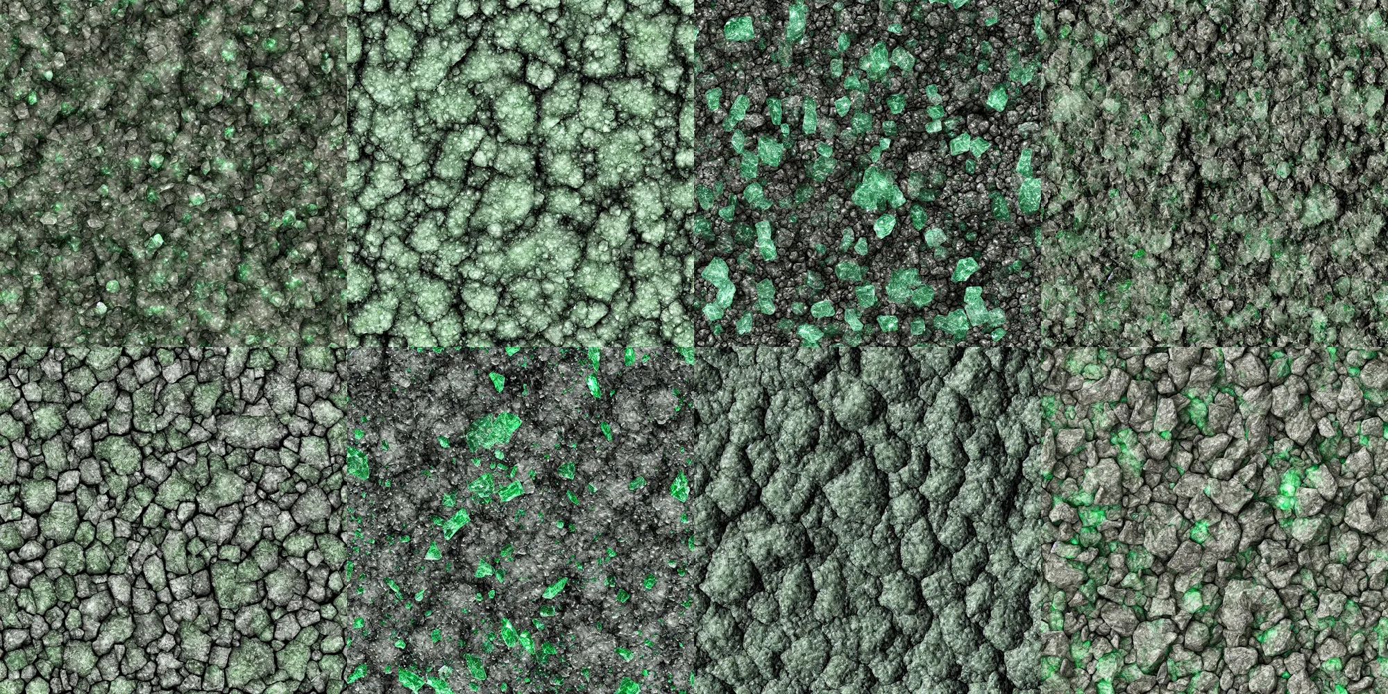 Prompt: long green crystals sticking out of the rock surface, detailed ground terrain albedo texture, flat, 2 d texture, seamless