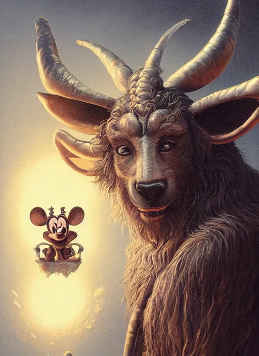 Image similar to portrait of a baphomet mickey mouse, depth of field, soft focus, highly detailed, intricate, realistic, national geographic cover, soft glow, textured, artstation, concept art, sharp focus, illustration, artgerm, greg rutkowski, earl norem