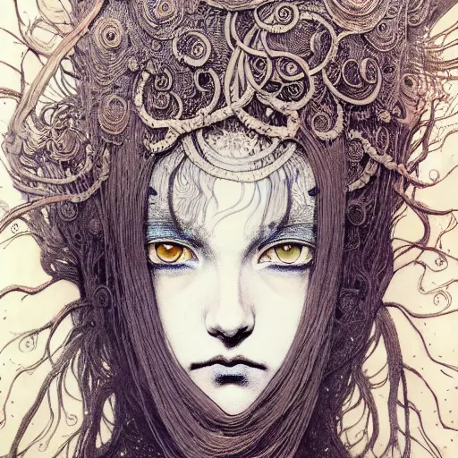 Image similar to prompt: Mysterious girl face painted in William Blake style drawn by Vania Zouravliov and Takato Yamamoto, intricate oil painting, high detail, Neo-expressionism, post-modern gouache marks on the side, gnarly details soft light, white background, intricate detail, intricate ink painting detail, sharp high detail, manga and anime 2000
