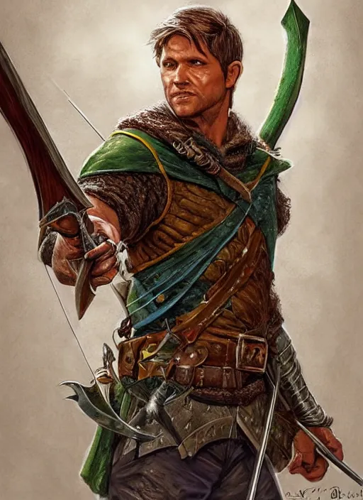 Image similar to archer robin hood, ultra detailed fantasy, dndbeyond, bright, colourful, realistic, dnd character portrait, full body, pathfinder, pinterest, art by ralph horsley, dnd, rpg, lotr game design fanart by concept art, behance hd, artstation, deviantart, hdr render in unreal engine 5