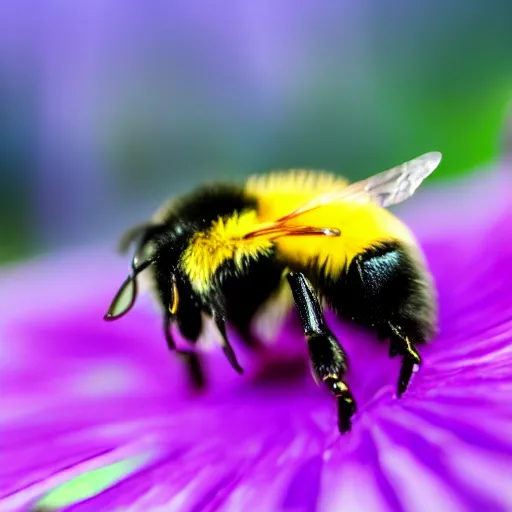 Image similar to surreal composite bumble bee made of flowers, pedicel legs, flower petal wings, siting on a finger, 5 0 mm lens, f 1. 4, sharp focus, ethereal, emotionally evoking, head in focus, volumetric lighting, blur dreamy outdoor