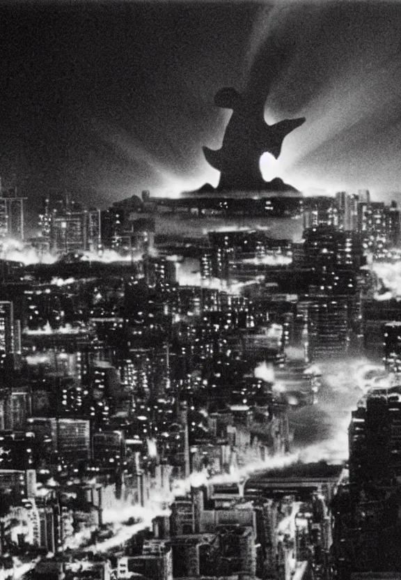 Image similar to Pulgasari the North Korean starfish monster destroying Pyongyang city, volumetric lighting, filmstill, produced by Kim Jong-il, Kodachrome, kaiju-eiga, monster movie, communist propaganda, film noir, 35mm film grain, Cooke Varotal 20-100mm T3.1, monochrome, in the style of Ishirō Honda and Akira Kurosawa