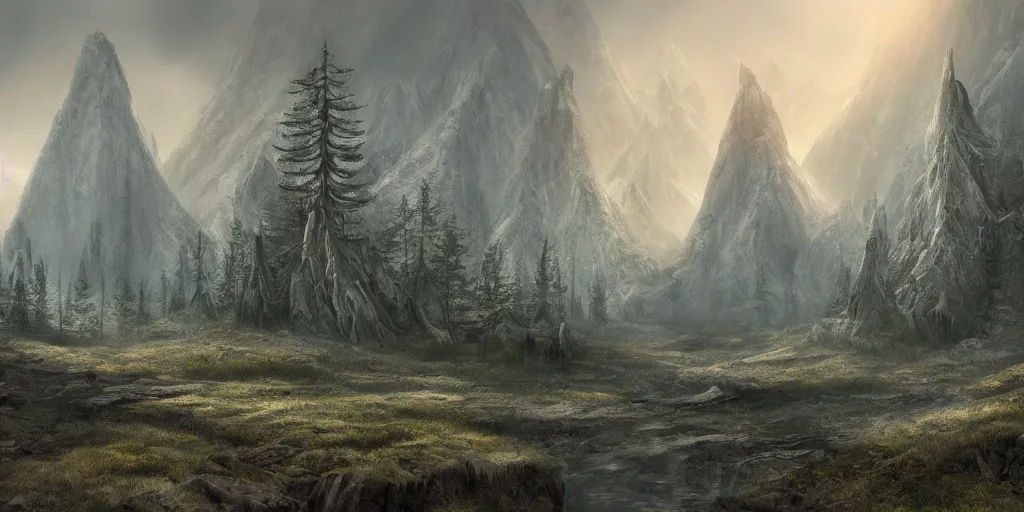 Image similar to calm landscape with cold misty mountains in the north, grand plains in the west, and a twisting forrest in the south, concept art, fantasy art, highly detailed hd, artstation, hd wallpaper