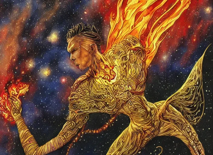 Image similar to high intricate colored ink drawing of the sandman holding a glimmering fire - galaxy, full shot, neil gaiman, maria panfilova, andrea savchenko, mike kime, ludovic plouffe, qi sheng luo, oliver cook, julian calle, eddie mendoza, trending on artstation