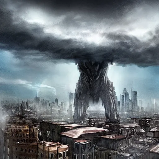 Image similar to enormous creature towering over a city during a thunderstorm, concept art
