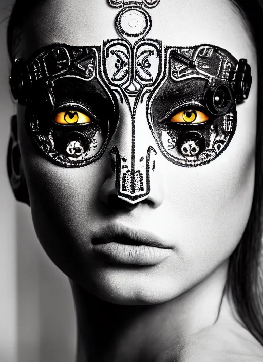 Image similar to a stunning young female crow - orchid - cyborg profile face, face is made intricate tribal bio - mechanical, editorial photography, bw, shot on 7 0 mm, depth of field, f / 2. 8, high contrast, 1 6 k, volumetric lighting, shiny, insanely detailed and intricate, hypermaximalist, elegant, ornate, hyper realistic, super detailed