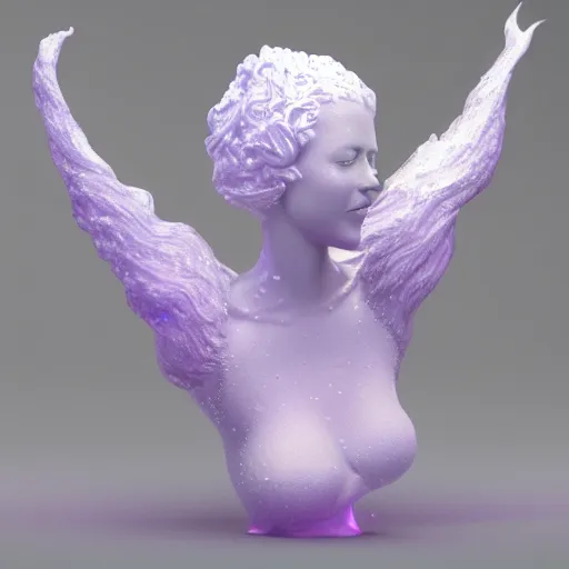 Image similar to 3 d fluid simulation render, octane render, xparticles, white colors, female bodies, white carved abstract sculpture, amethyst mineral quartz, swirly curls, abstract white fluid,