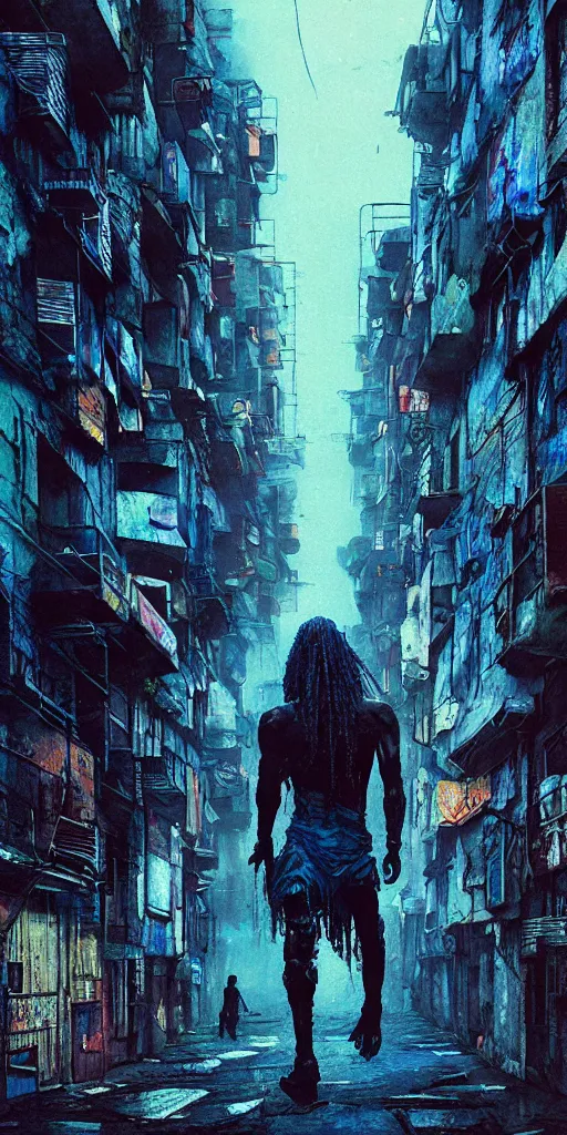 Prompt: cyberpunk, errie slum, stacked flats, squats, gustave dore, greg rutkowski, wes craven, 8 k, hd, dof, kodak film, electric blue tones