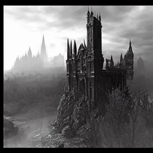 Image similar to an ultra detailed black and white 3 d render of a lonely and impossibly tall ominous gothic dark citadel tower of the evil patriarch, in the style of magic the gathering, in a river elevated high above the city, flintlock fantasy capital city, ultrawide lense, aerial photography, unreal engine, exquisite detail, 8 k, art by greg rutkowski and alphonse mucha