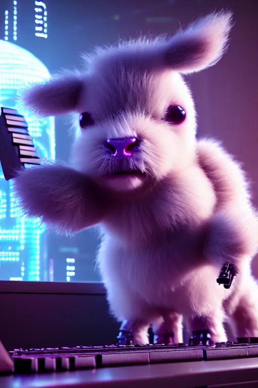 Prompt: high quality 3 d render very cute neuromancer fluffy! cyborg cow playing! keyboard!!, highly detailed, unreal engine cinematic smooth, in the style of blade runner & detective pikachu, hannah yata charlie immer, moody light, low angle, uhd 8 k, sharp focus