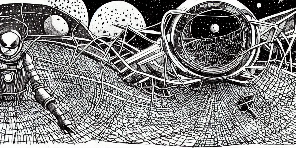 Image similar to traditional drawn colorful animation a car solo stranger with harvester net pacing to valley symmetrical architecture on the ground, space station planet afar, planet surface, ground, rocket launcher, outer worlds extraterrestrial hyper contrast well drawn Metal Hurlant Pilote and Pif in Jean Henri Gaston Giraud animation film The Masters of Time FANTASTIC PLANET La planète sauvage animation by René Laloux