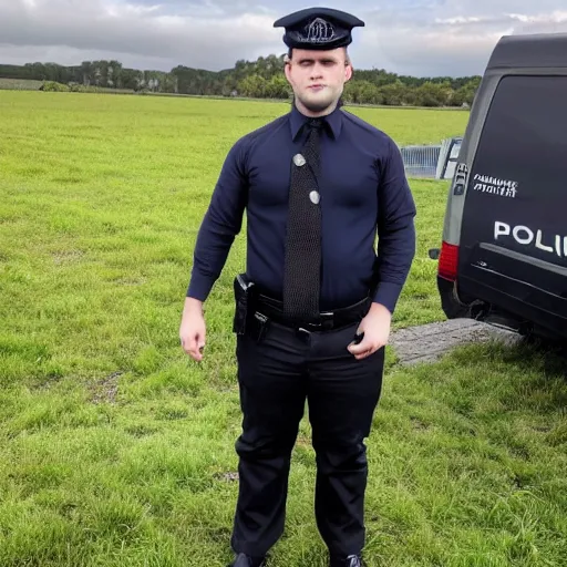 Image similar to clean - shaven chubby 3 4 year old caucasian man from uk wearing black police sweater and navy necktie and black trousers and black boots and police helmet. he is standing in a field.