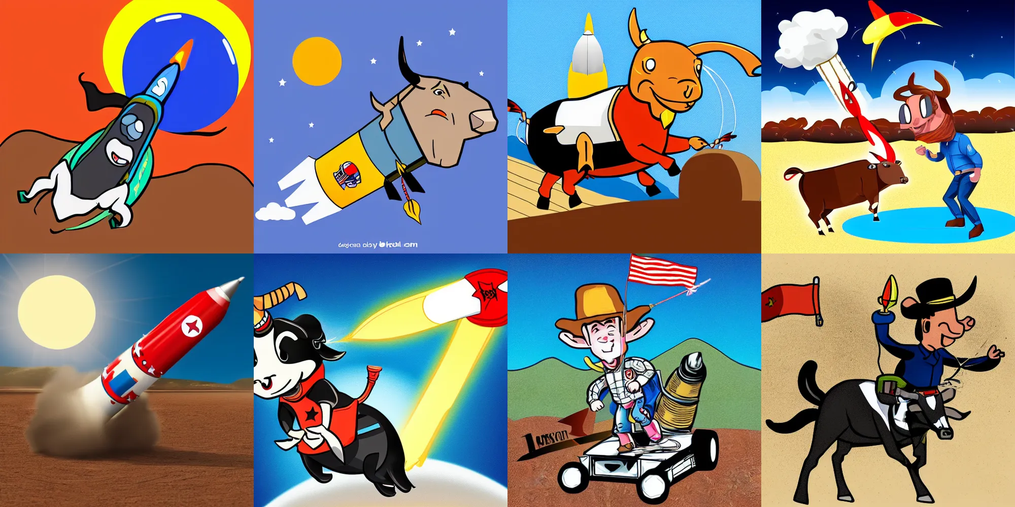 Prompt: a cartoon bull riding a hyper realistic rocket to the moon, cell shaded, flat lighting