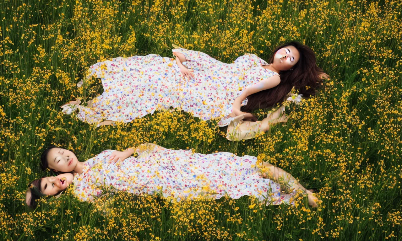 Prompt: beautiful Asian woman lying in a field of wildflowers, wearing a yellow and white sun dress, medium close, dreamy