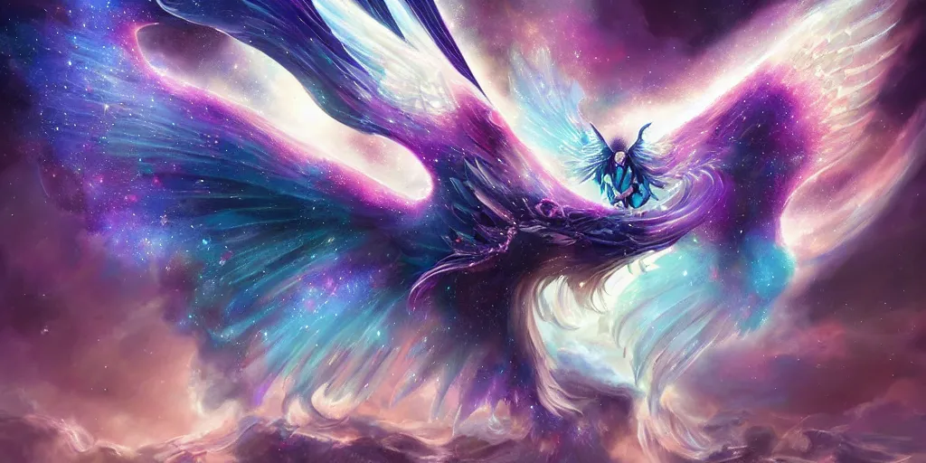 Image similar to a cosmic winged beast with majestic nebula wings, concept art, digital illustration, trending on artstation, deviantart, artgerm, epic composition, masterpiece, highly detailed, advanced technique, ambient lighting, wlop, ross draws