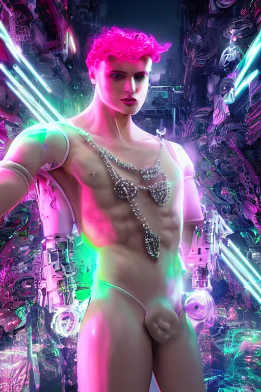 Image similar to full-body rococo and cyberpunk style crystal quartz sculpture of a young handsome seductive Puerto Rican android gogo boy reaching for the sky, glowing pink laser eyes, crown of white gears and diamonds, swirling green-colored silk fabric. futuristic elements. full-length view. intricate artwork by caravaggio. Trending on artstation, octane render, cinematic lighting from the right, hyper realism, octane render, 8k, depth of field, 3D