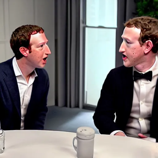 Prompt: Mark Zuckerberg having a heated argument with Tom Hardy