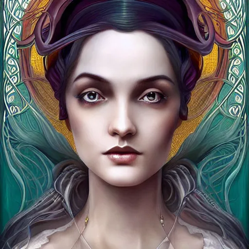 Image similar to an art nouveau, ( art deco ), multi - racial portrait in the style of anna dittmann and charlie bowater and chanthara. very large, clear, expressive, and intelligent eyes. centered, ultrasharp focus, dramatic lighting, photorealistic digital matte painting, intricate symmetrical ultra detailed background.