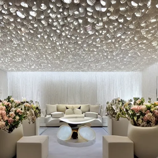 Prompt: panoramic view of flower arrangement made of mother of pearl in a living room designed by zaha hadid, opal petals, architectural digest!!!