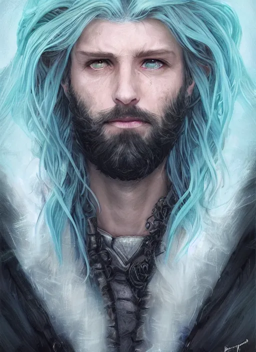 Image similar to Portrait of hexblade warlock aasimar, teal magic electricity, male, silver shaggy hair, short scruffy beard, cloak, white eyes, fantasy, extremely detailed, digital painting, artstation, concept art, smooth, sharp focus, illustration, stunning lighting, art by artgerm and greg rutkowski and alphonse mucha and simon stalenhag, realistic character concept, high fantasy, light atmosphere, golden ratio, cinematic lighting, hyperdetailed, high resolution, insanely detailed and intricate, artstation, Marc Simonetti, Greg Rutkowski