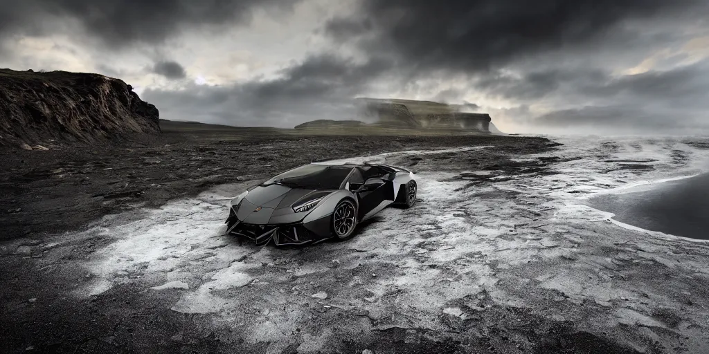 Image similar to a black lego lamborghini driving at the icelandic coast line. black sand. dramatic sky. cinematic. intricate. mist. low angle wide shot. highly detailed. matte painting in the style of andreas rocha. octane render. 8 k. trending on artstation