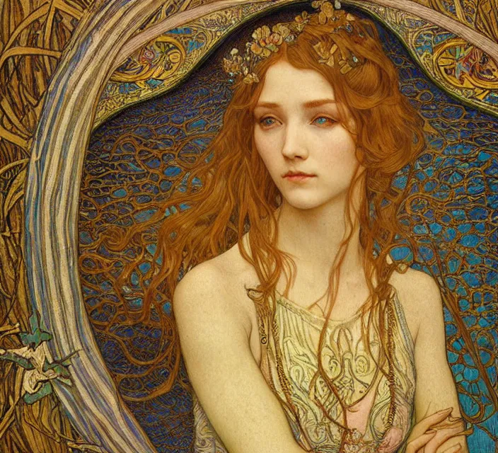 Image similar to detailed realistic beautiful young medieval queen face portrait by jean delville, alphonse mucha, vincent van gogh, and marco mazzoni, art nouveau, symbolist, visionary, gothic, pre - raphaelite