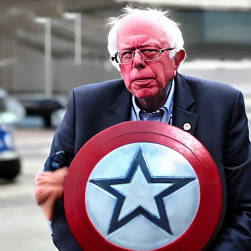 Image similar to bernie sanders with captain america's shield