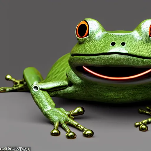 Image similar to a robot frog on a table, octane render, 3D, extremely detailed, accurate