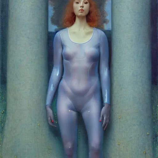 Image similar to full body portrait of a beautiful woman wearing a transparent plastic skin tight jumpsuit, Edgar Maxence and Ross Tran and Michael Whelan and Gustav Klimpt