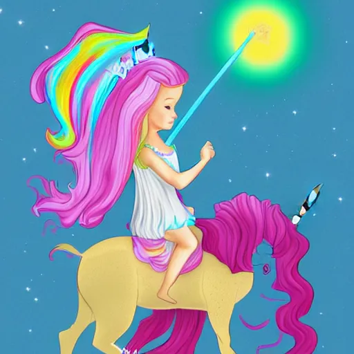 Prompt: a digital drawing of my niece as a princess with long blond hair riding a unicorn