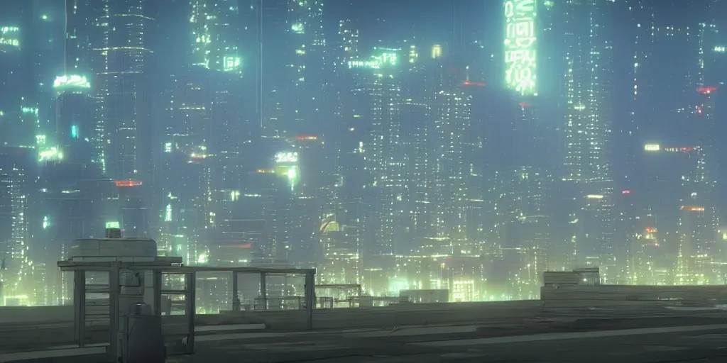 Prompt: a close up of a 'Moscow city' in the atmospheric solar punk anime film, neon noir, at night with lights, by makoto shinkai, in the anime series ergo proxy, beautiful specular edge highlights and rim lighting