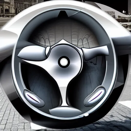 Prompt: a car with optical illusion rotating wheel eyes