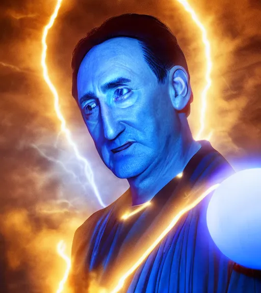 Prompt: portrait photography of mike krzyzewski as the god king emperor, blue devils, basketball, glowing, nimbus, volumetric light, unreal engine 5