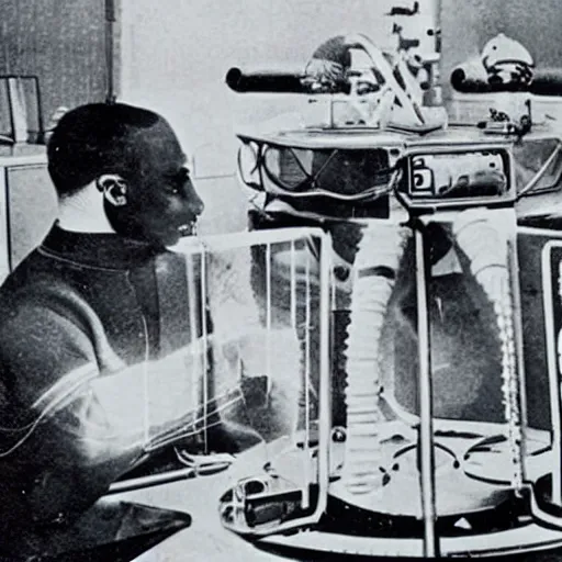 Image similar to old photograph of an astronaut in a futurist lab doing occult experiments