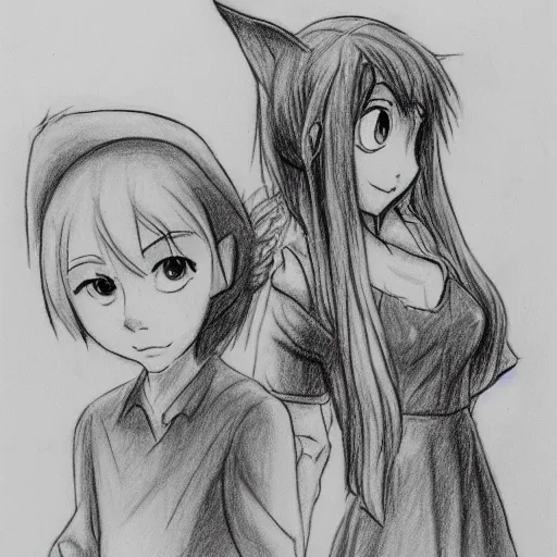 Prompt: milt kahl pencil sketch of Raka and Reki from Haibane Renmei