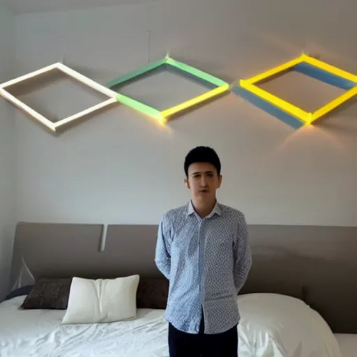 Prompt: a 2 5 year old asian daytrader standing proudly in front of triangular nanoleaf led lights on his bedroom wall