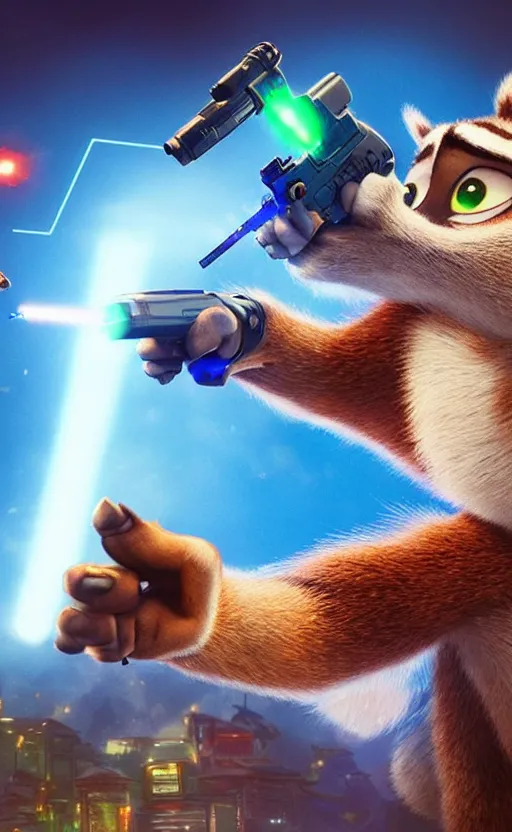 Image similar to “red racoon holding laser gun standing face to face off with blue racoon holding laser gun, cinematic, dramatic in the style of zootopia”