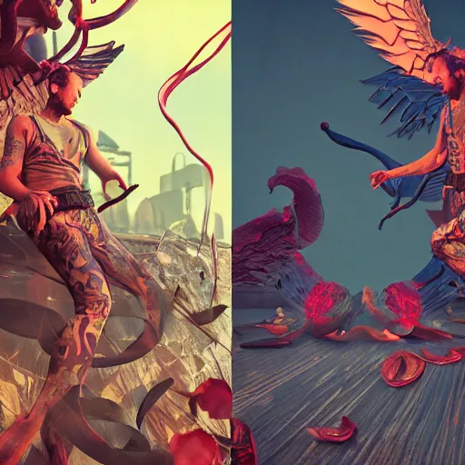 Image similar to angel versus devil, an ultrafine detailed illustration by james jean, gta 5 final fantasy, bright colors, behance contest winner, vanitas, angular, altermodern, unreal engine 5 highly rendered, global illumination, radiant light, detailed and intricate environment