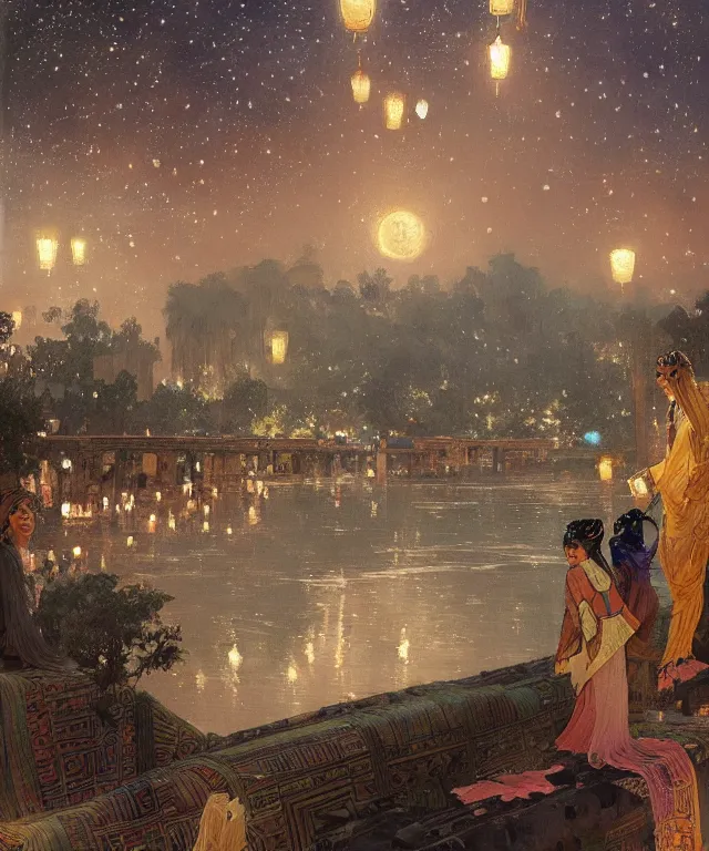 Image similar to a beautiful painting of the view from the river of the lantern festival in a an ancient egyptian city, at night with a sky full of stars, intricate, elegant, highly detailed, digital painting, artstation, concept art, by krenz cushart and artem demura and alphonse mucha