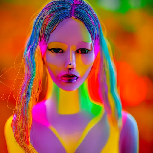 Image similar to a beautiful female made out of plastic, full body, colourful background, 5 0 mm lens, f 1. 4, sharp focus, ethereal, emotionally evoking, head in focus, volumetric lighting, 8 k