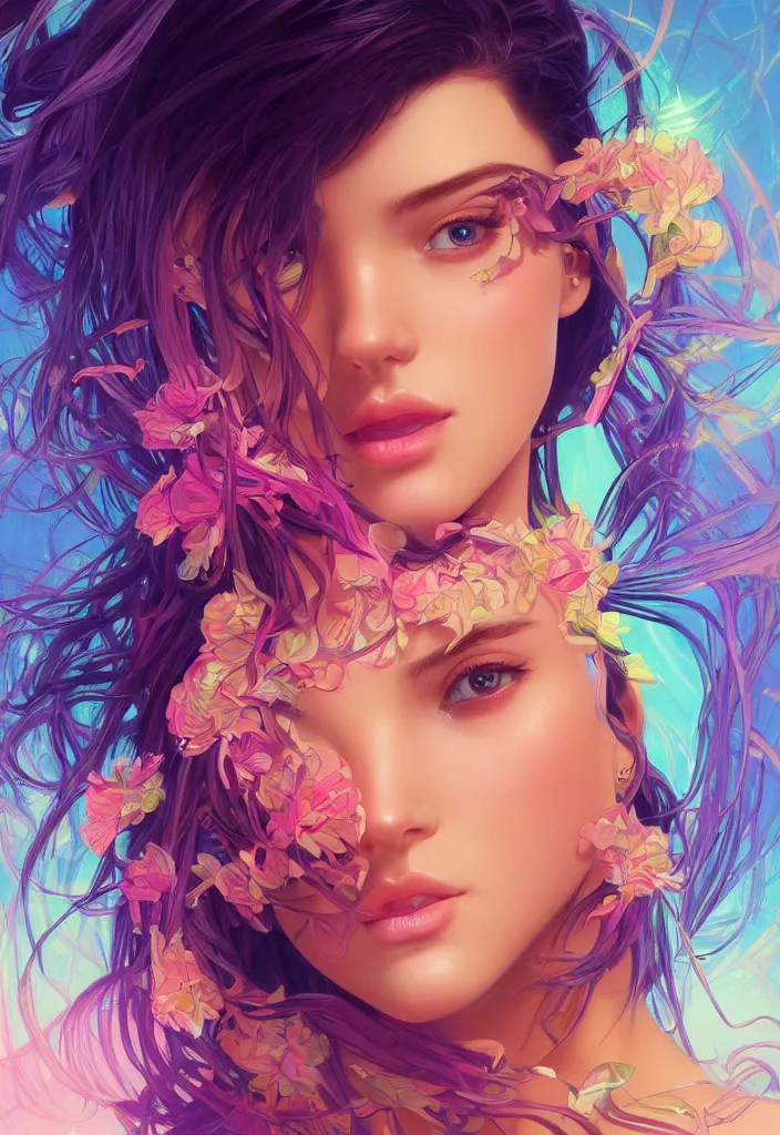 Image similar to beautiful, young woman, detailed gorgeous face, vaporwave aesthetic, synthwave, colorful, psychedelic, artstation, concept art, smooth, extremely sharp detail, finely tuned detail, ultra high definition, 8 k, unreal engine 5, ultra sharp focus, illustration, art by artgerm, greg rutkowski and alphonse mucha